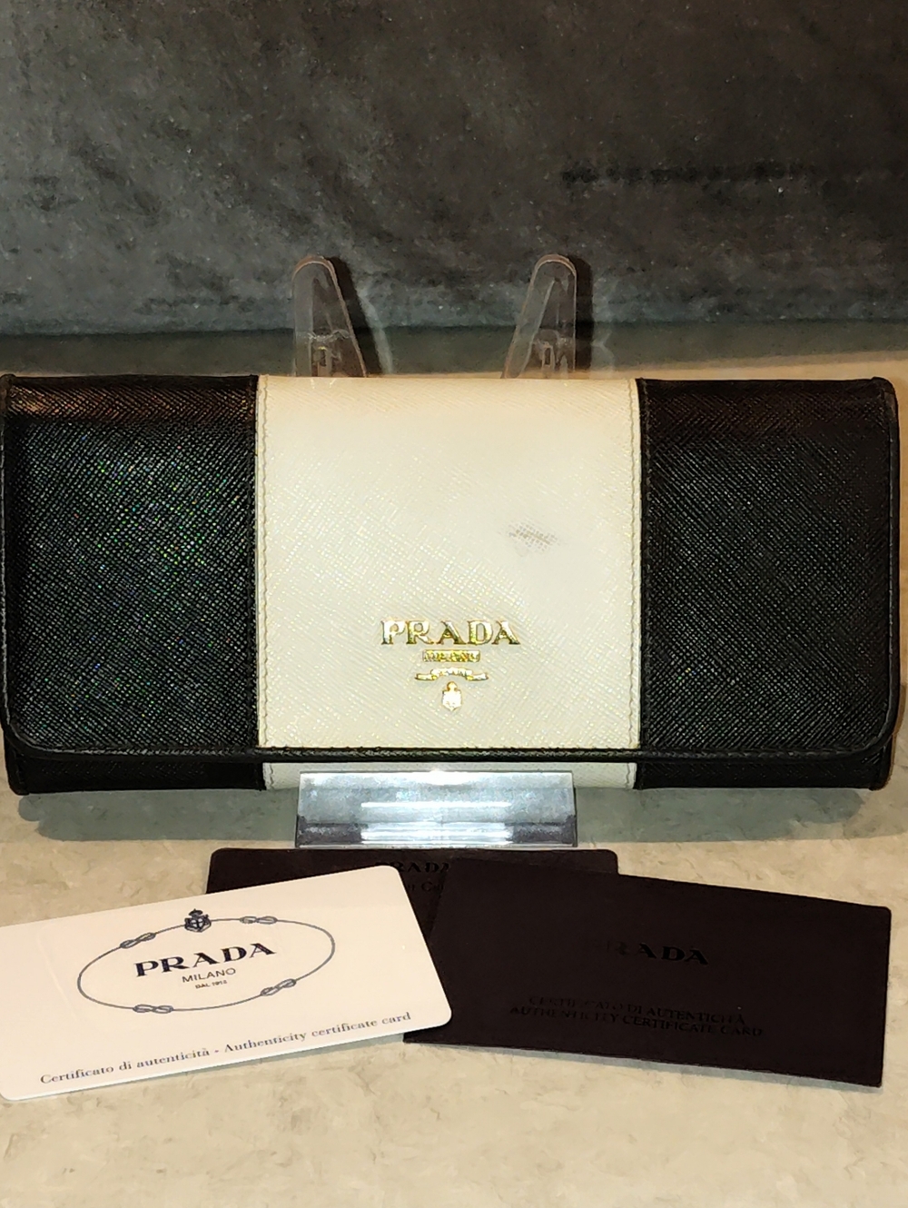 PRADA SAFFIANO LEATHER BLACK & WHITE COLORBLOCK BI-FOLD LONG WALLET #224